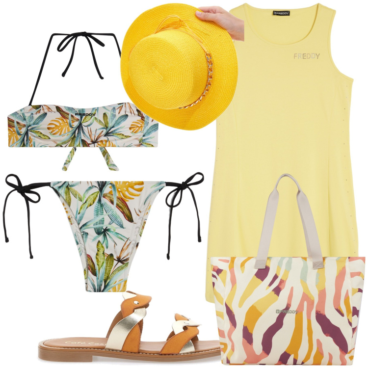 Outfit donna - W la spiaggia. Stile Trendy per Mare. Abbinamento con bikini, shopping bag, vestiti senza maniche, bikini, ciabatte, cappelli.