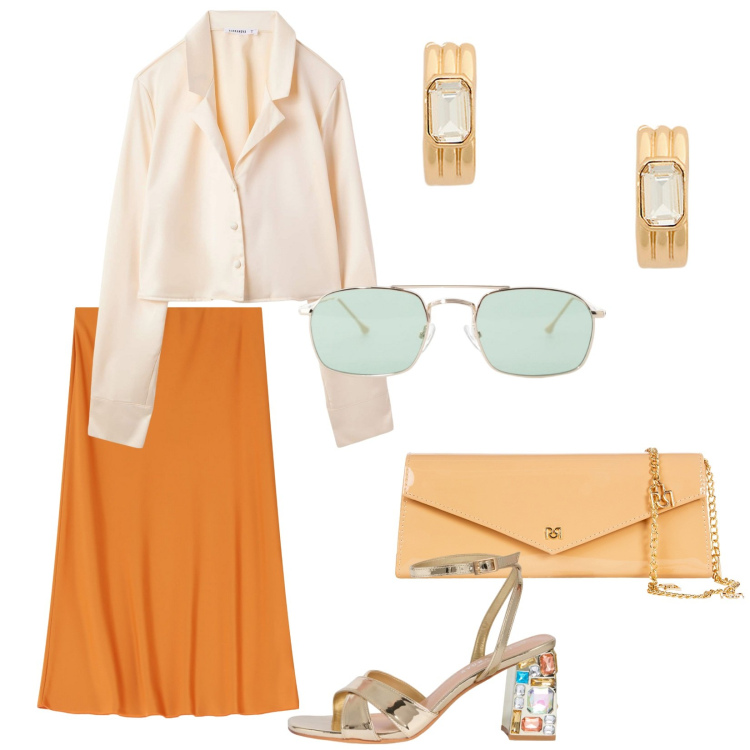 Outfit donna - Effetto satin. Stile Glamour per Cerimonia. Abbinamento con camicie, sandali gioiello, pochette, occhiali da sole, gonne longuette, orecchini.