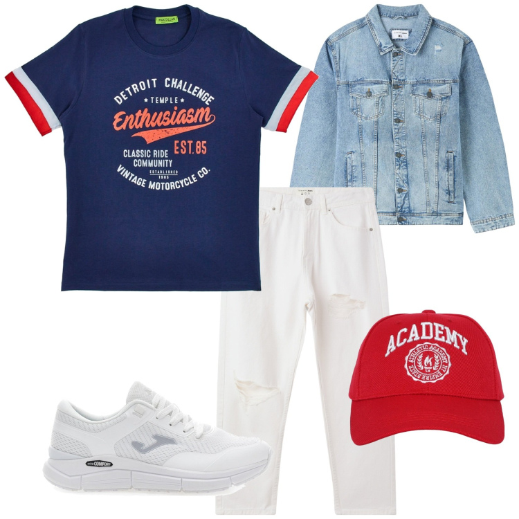 Outfit uomo - Total look #2123253. Stile Casual per Tutti i giorni. Abbinamento con giacche, cappelli, jeans strappati, sneakers, t-shirt.