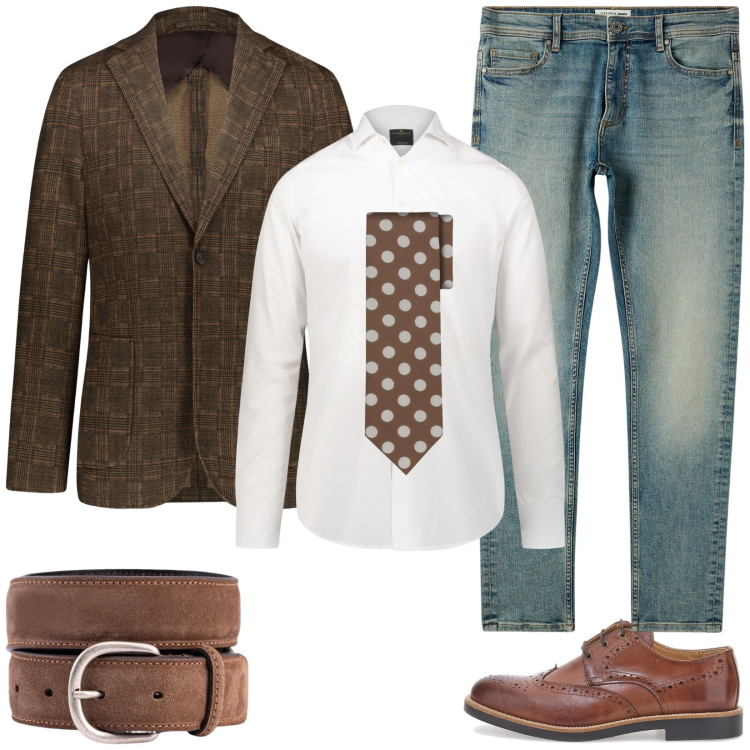 Outfit uomo - Mix and match. Stile Business/Elegante per Ufficio. Abbinamento con jeans skinny, giacche, camicie, scarpe stringate, cravatte, cinture.