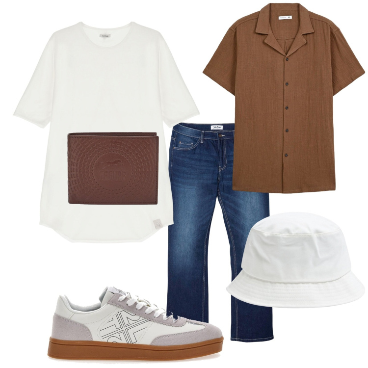 Outfit uomo - La basic bianca. Stile Trendy per Tutti i giorni. Abbinamento con jeans bootcut, camicie a manica corta, cappelli, t-shirt, sneakers, portafogli.