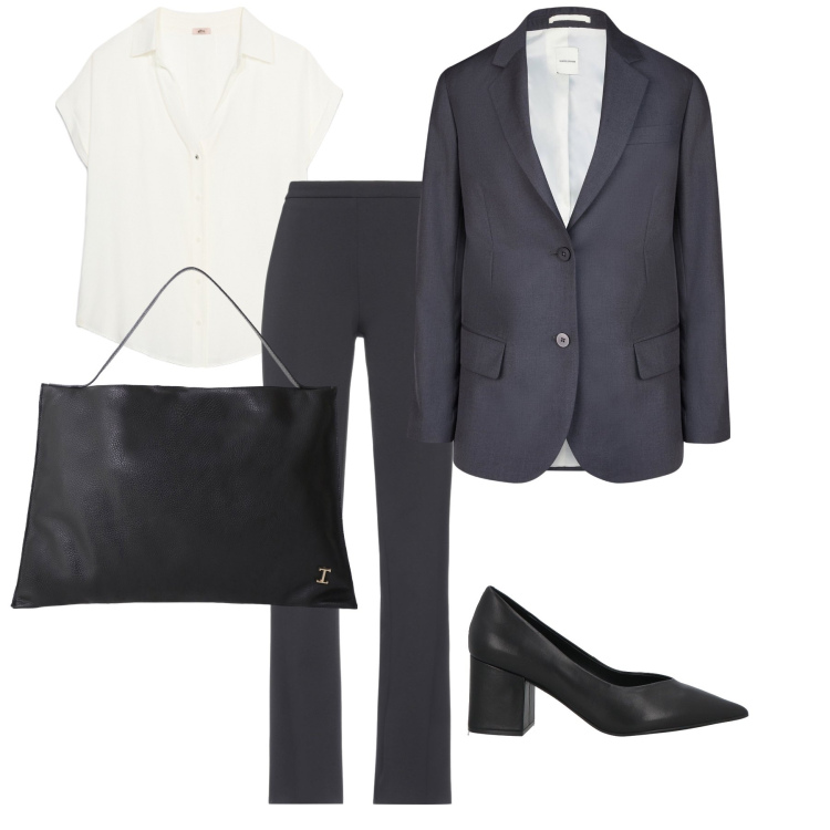 Outfit donna - Il tailleur professionale. Stile Chic per Ufficio. Abbinamento con pantaloni, décolleté, borse a spalla, blazer, camicie a manica corta.