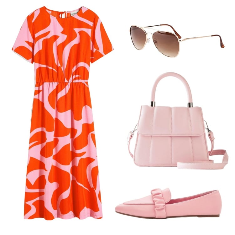 Outfit donna - Colazione al bar , buongiorno mondo. Stile Casual chic per Tutti i giorni. Abbinamento con vestiti midi/longuette, mocassini, occhiali da sole, borse a tracolla.