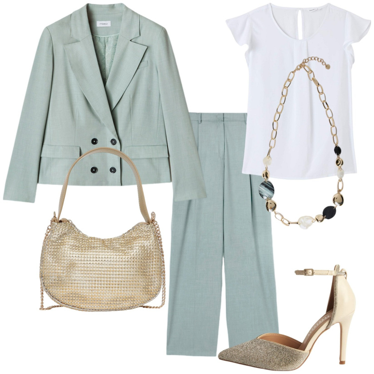 Outfit donna - Un giorno specialissimo. Stile Chic per Cerimonia. Abbinamento con bluse, décolleté, borse a spalla, collane, pantaloni a palazzo, blazer.