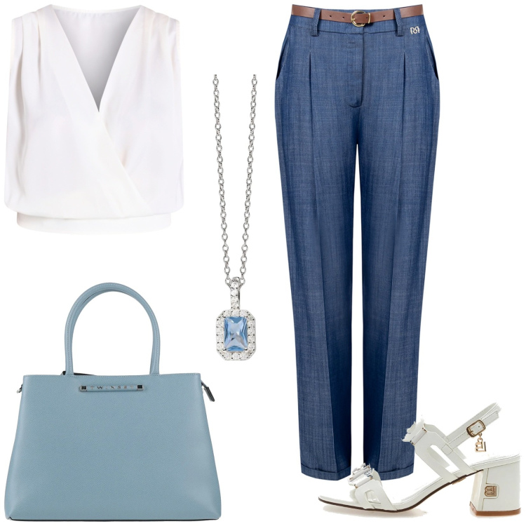 Outfit donna - Semplicemente elegante. Stile Casual chic per Tutti i giorni. Abbinamento con borse a mano, ciondoli, pantaloni, top, sandali col tacco.