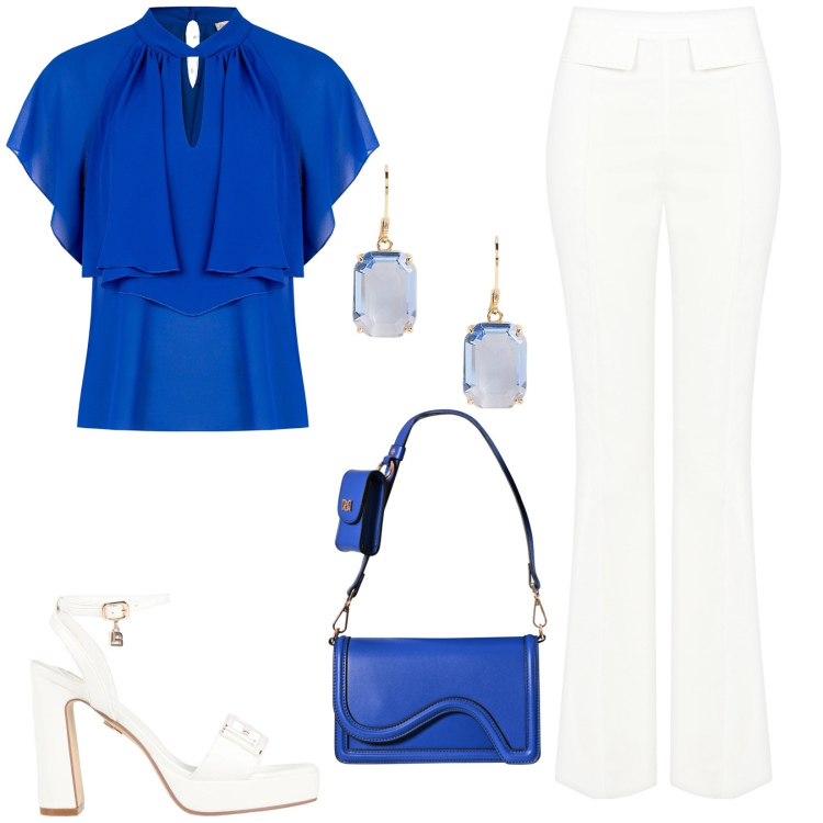 Outfit donna - Blu royal. Stile Glamour per Cerimonia. Abbinamento con sandali col tacco, bluse, pochette, pantaloni, orecchini.