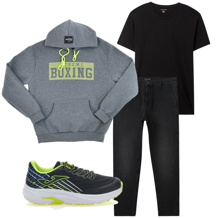 Outfit uomo - Total look #2123276. Stile Urban per Tutti i giorni. Abbinamento con jeans, t-shirt, scarpe sportive, felpe con cappuccio.