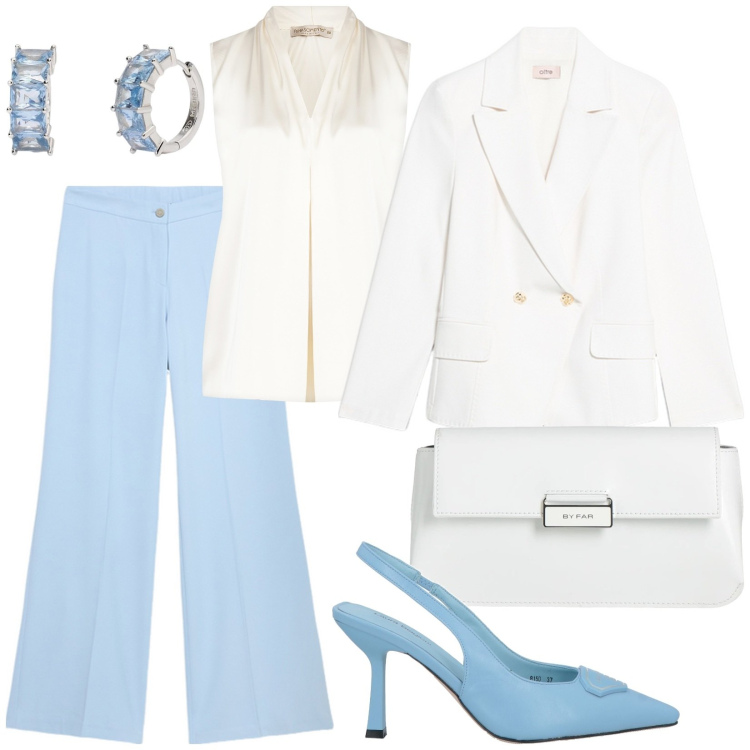 Outfit donna - Total look #2123281. Stile Chic per Cerimonia. Abbinamento con décolleté, borse a mano, orecchini, bluse, blazer, pantaloni a palazzo.