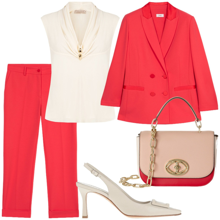 Outfit donna - Tailleur corallo. Stile Chic per Cerimonia. Abbinamento con décolleté, bluse, borse a tracolla, pantaloni, blazer.