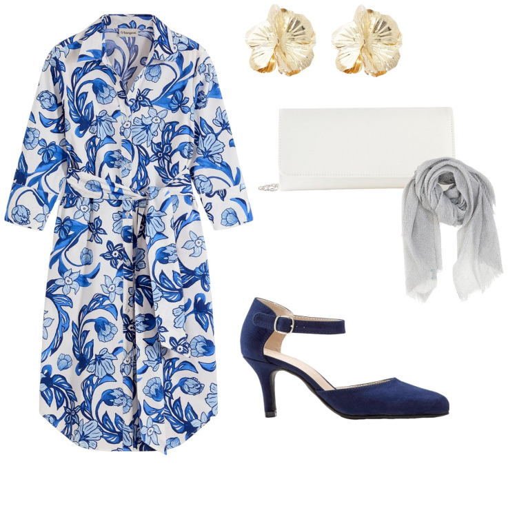 Outfit donna - Cerimonia in terrazza. per Cerimonia. Abbinamento con vestiti chemisier, décolleté, pochette, orecchini, foulard.