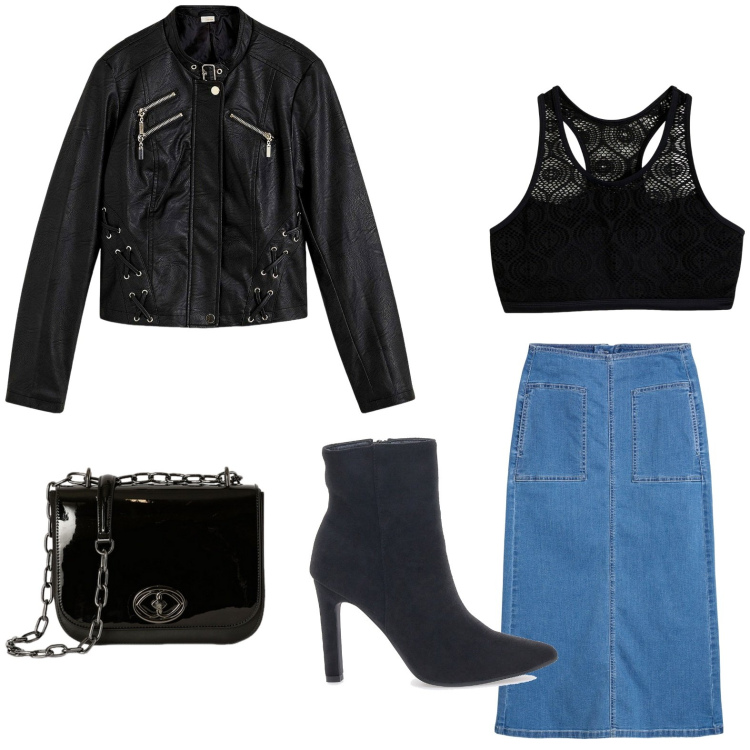 Outfit donna - Rock in gonna. Stile Rock per Serata fuori. Abbinamento con top, blazer, gonne longuette, stivaletti, borse a tracolla.