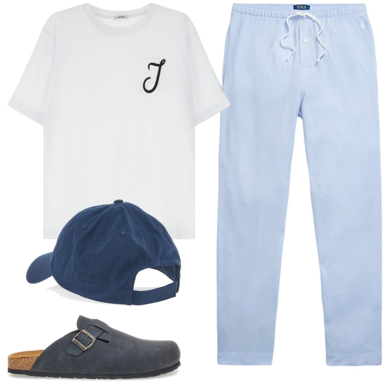 Outfit uomo - Comfort. Stile Casual per Tutti i giorni. Abbinamento con t-shirt, pantaloni, sandali, cappelli.