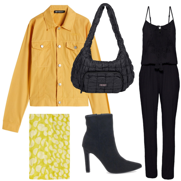 Outfit donna - Sfumature di giallo. Stile Casual per Tutti i giorni. Abbinamento con tute, blazer, borse a spalla, stivaletti, stole.