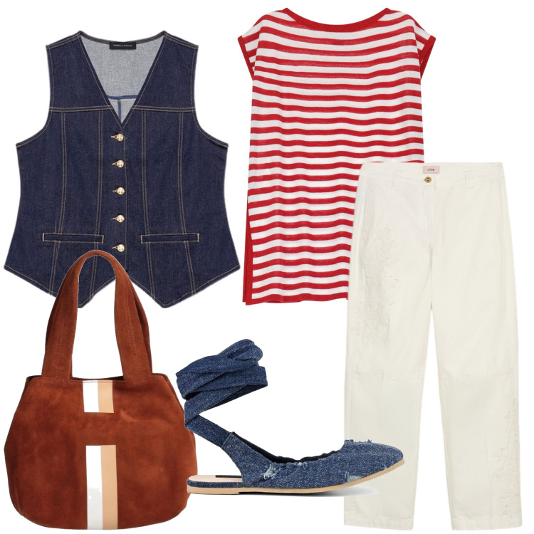 Outfit donna - Effetto righe. Stile Minimal per Tutti i giorni. Abbinamento con borse a mano, maglieria, ballerine, gilet, pantaloni.