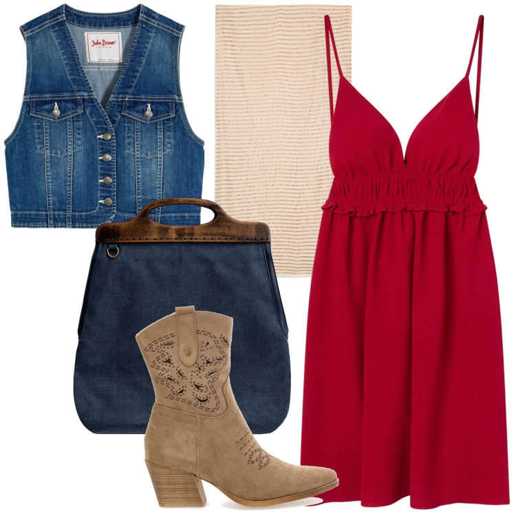 Outfit donna - Road urban. Stile Urban per Tutti i giorni. Abbinamento con gilet, vestiti corti, stivaletti texani, borse a tracolla, sciarpe.