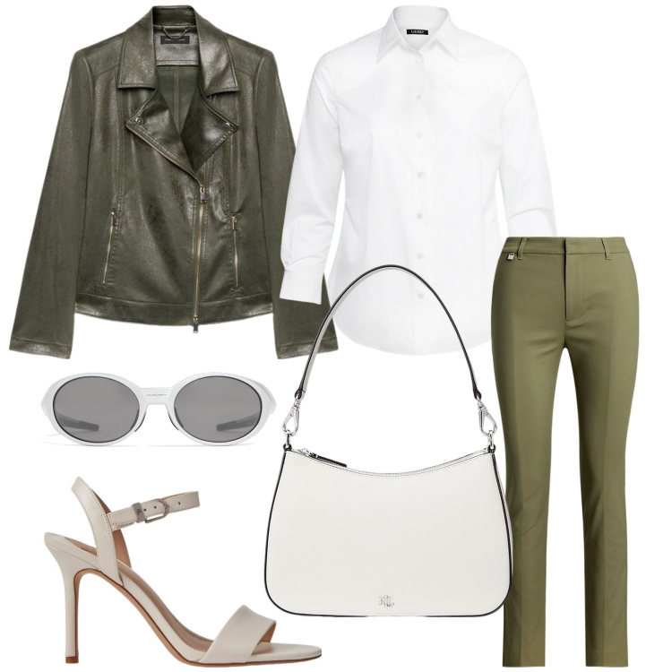 Outfit donna - Formale in camicia. Stile Casual chic per Tutti i giorni. Abbinamento con camicie, sandali in pelle, pantaloni, borse a spalla, blazer, occhiali da sole.