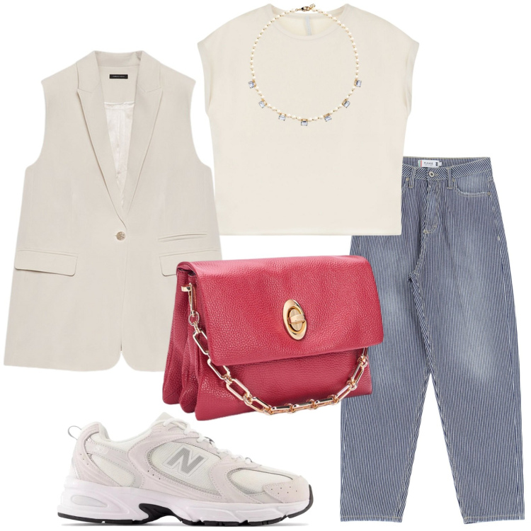 Outfit donna - Gilet creativo. Stile Glamour per Tutti i giorni. Abbinamento con sneakers, jeans mom, t-shirt, collane, gilet, borse a tracolla.
