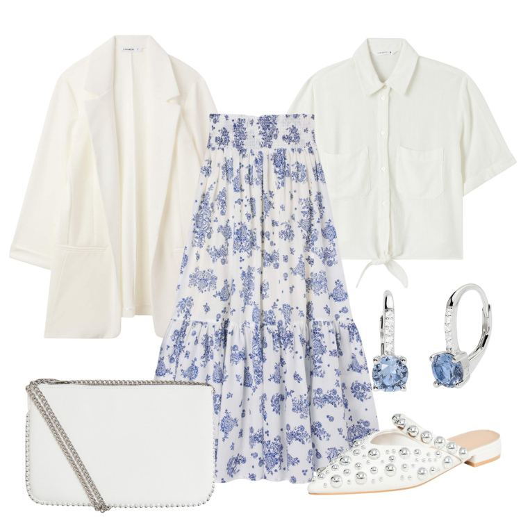 Outfit donna - Stile provenzale. Stile Romantica per Tutti i giorni. Abbinamento con ballerine, gonne lunghe, blazer, camicie a manica corta, borse a tracolla, orecchini.
