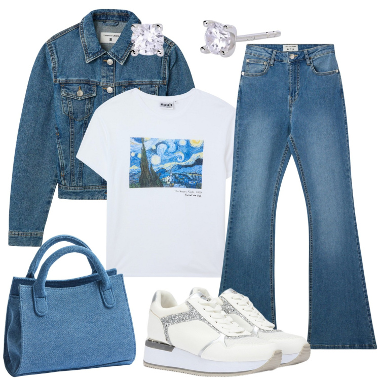 Outfit donna - Tela D\'Autore. Stile Casual chic per Scuola/Università. Abbinamento con blazer, borse a tracolla, jeans a zampa, t-shirt, orecchini, sneakers.