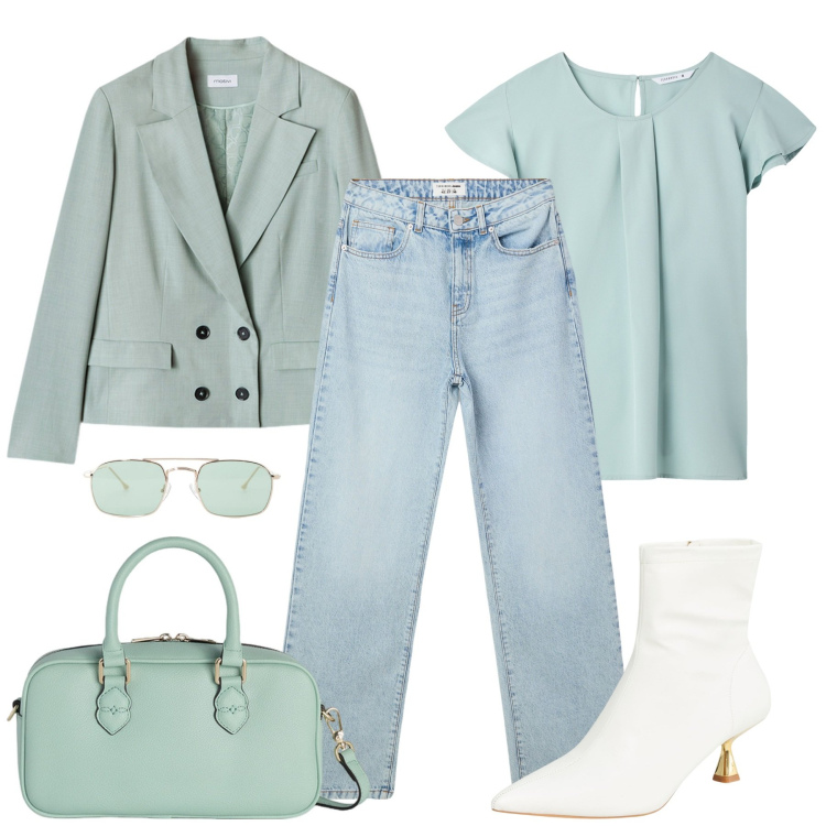 Outfit donna - Nei toni del salvia. Stile Casual chic per Tutti i giorni. Abbinamento con stivaletti, jeans dritti, bluse, occhiali da sole, borse a mano, blazer.