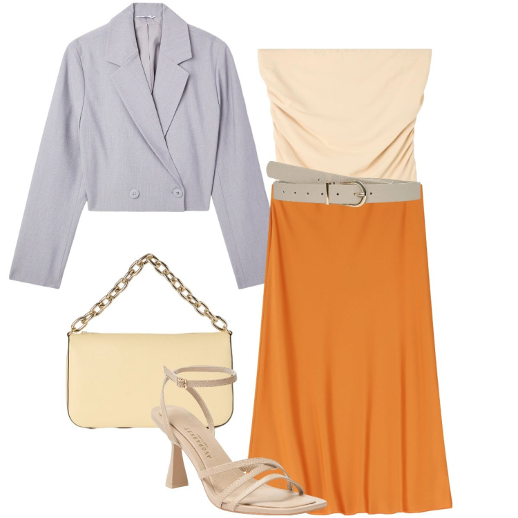 Outfit donna - Il top albicocca. Stile Bon Ton per Cerimonia. Abbinamento con top, blazer, sandali col tacco, cinture, gonne longuette, borse a tracolla.
