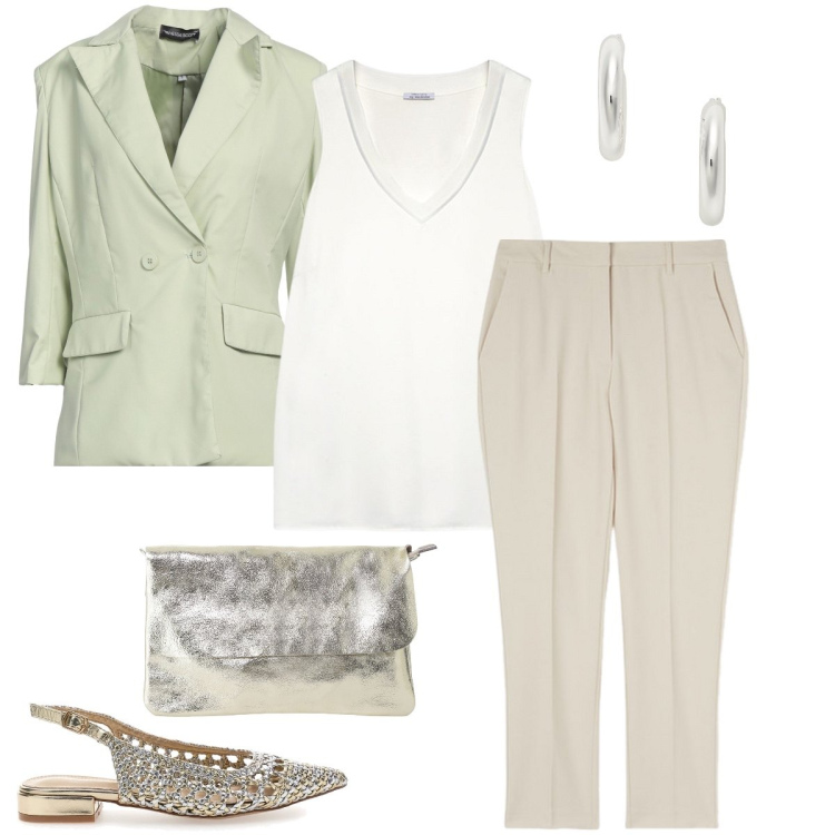 Outfit donna - Tonalità chiare. Stile Bon Ton per Cerimonia. Abbinamento con blazer, borse a tracolla, orecchini, top, ballerine, pantaloni.