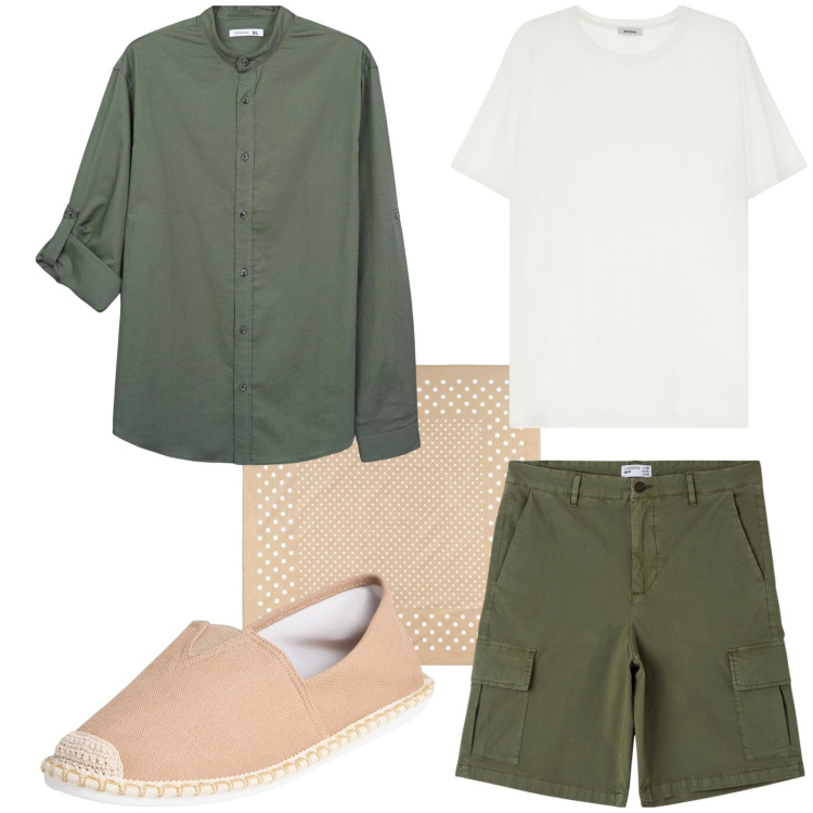 Outfit uomo - Festa in spiaggia. Stile Casual per Serata speciale. Abbinamento con espadrillas, camicie, bermuda, t-shirt, sciarpe e foulard.