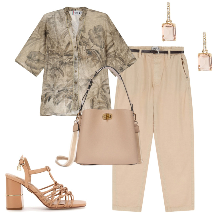 Outfit donna - City. Stile Urban per Tutti i giorni. Abbinamento con pantaloni chino, camicie a manica corta, orecchini, sandali col tacco, borse a secchiello.