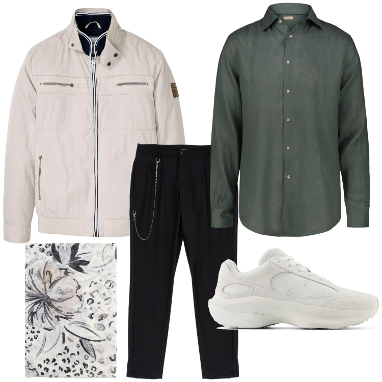 Outfit uomo - Foulard immancabile. Stile Trendy per Tutti i giorni. Abbinamento con giacche, sneakers, pantaloni, sciarpe e foulard, camicie.