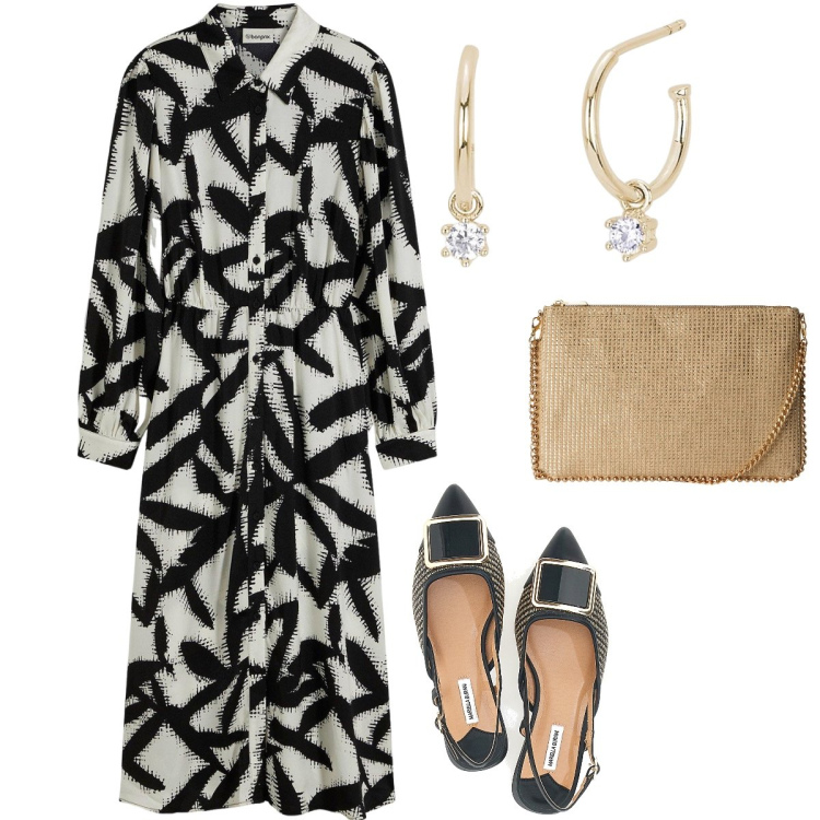 Outfit donna - L’abito chemisier. Stile Bon Ton per Serata fuori. Abbinamento con vestiti midi/longuette, borse a tracolla, orecchini, ballerine.