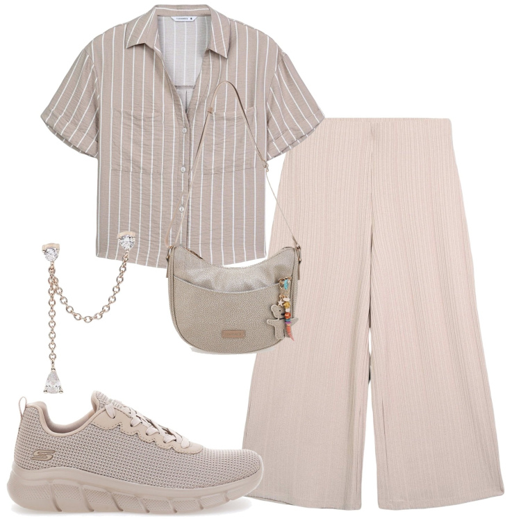 Outfit donna - City. Stile Casual per Tutti i giorni. Abbinamento con camicie a manica corta, pantaloni a palazzo, orecchini, sneakers, borse a tracolla.