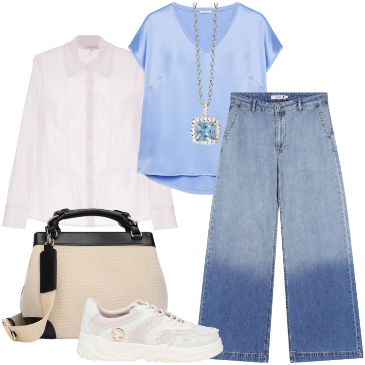 Outfit donna - Il jeans sfumato. Stile Urban per Ufficio. Abbinamento con sneakers, collane, jeans, camicie, t-shirt, borse a mano.