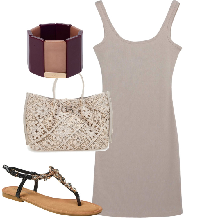 Outfit donna - Semplice e comoda. Stile Urban per Tutti i giorni. Abbinamento con vestiti, sandali gioiello, borse a tracolla, braccialetti.