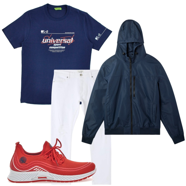 Outfit uomo - Sneakers rossa. Stile Casual per Tutti i giorni. Abbinamento con jeans strappati, giacche, sneakers, t-shirt.