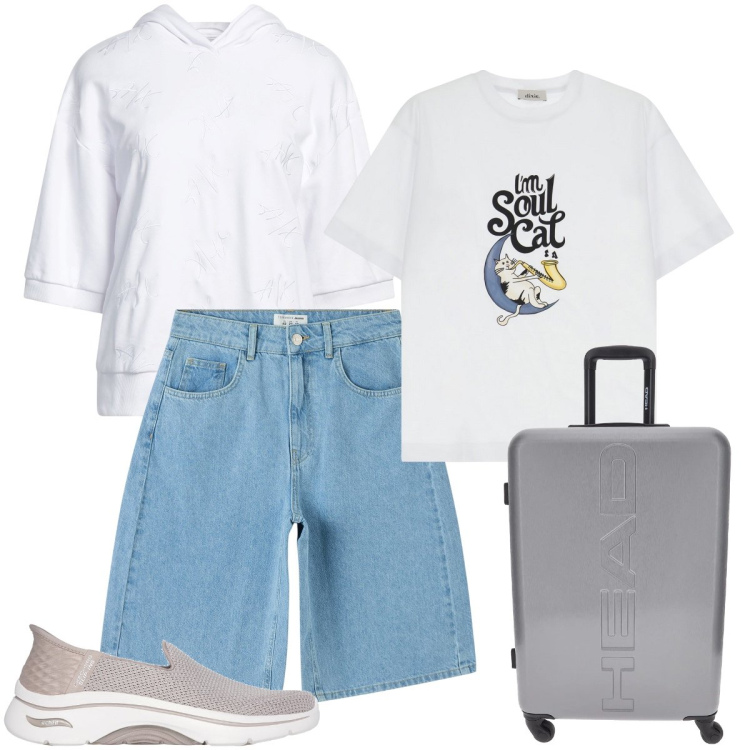Outfit donna - Le bermuda in jeans. Stile Casual per Tutti i giorni. Abbinamento con felpe con cappuccio, bermuda, t-shirt, sneakers, valigie.