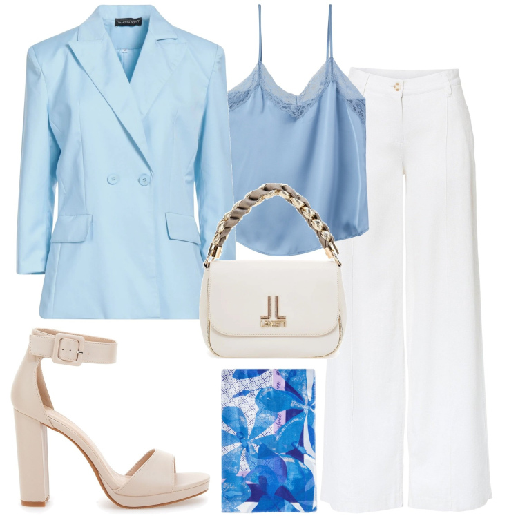 Outfit donna - City. Stile Urban per Tutti i giorni. Abbinamento con pantaloni a palazzo, blazer, top, sandali col tacco, stole, borse a tracolla.