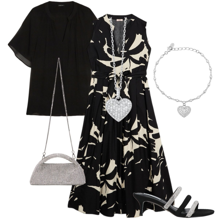 Outfit donna - Serata piacevole. Stile Glamour per Serata fuori. Abbinamento con sandali col tacco, braccialetti, collane, bluse, vestiti lunghi, clutch.
