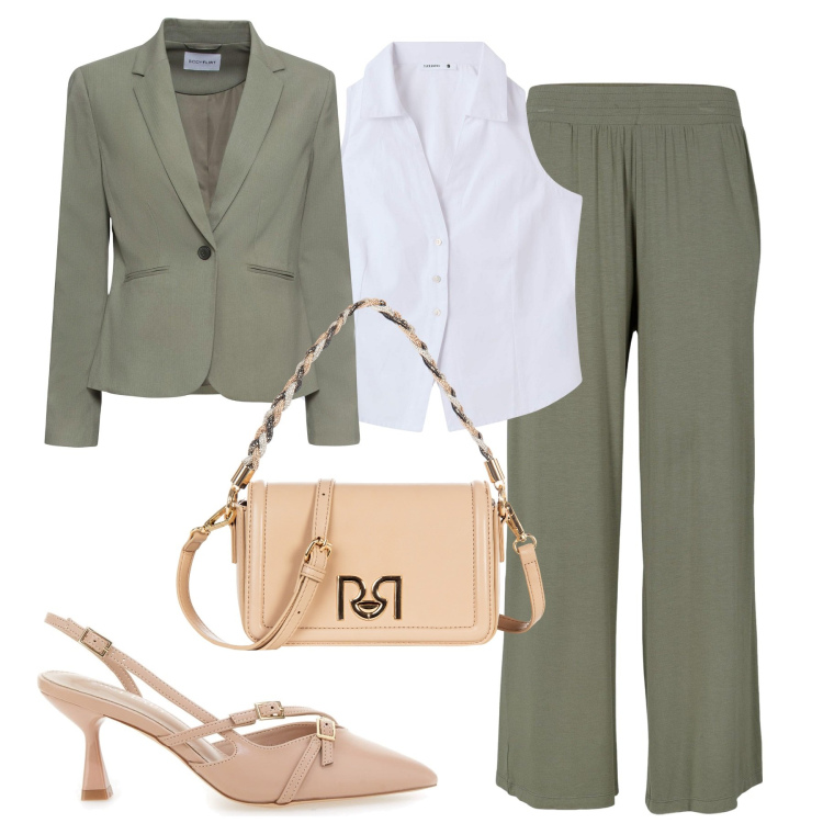 Outfit donna - City. Stile Urban per Tutti i giorni. Abbinamento con pantaloni, blazer, camicie, borse a tracolla, décolleté.