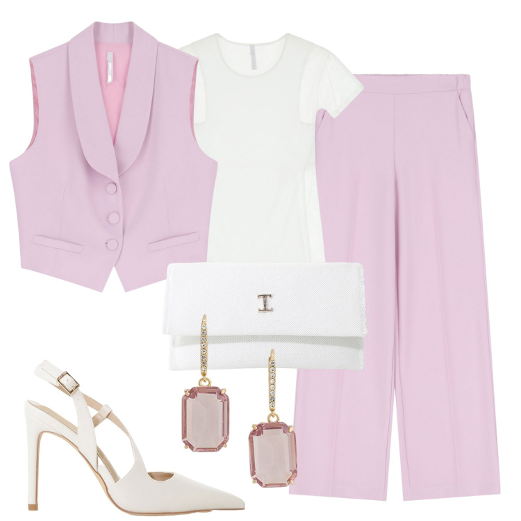 Outfit donna - City. Stile Trendy per Serata fuori. Abbinamento con borse a tracolla, décolleté, pantaloni, gilet, t-shirt, orecchini.