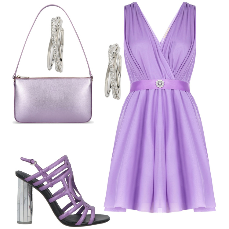 Outfit donna - Purple. Stile Chic per Cerimonia. Abbinamento con sandali in pelle, vestiti, orecchini, borse a spalla.