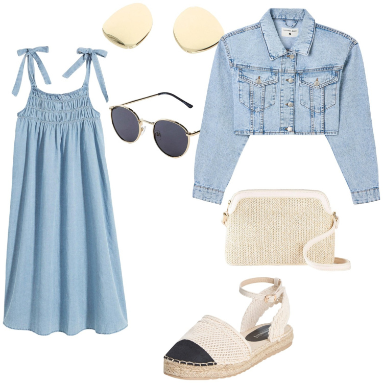 Outfit donna - Su lungo mare. per Mare. Abbinamento con occhiali da sole, borse a tracolla, vestiti midi/longuette, blazer, espadrillas, orecchini.