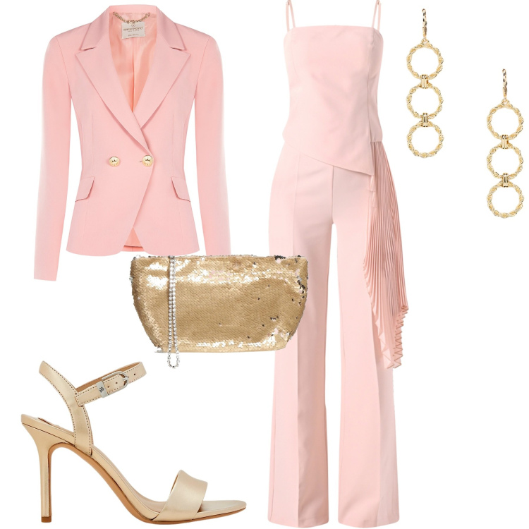 Outfit donna - La tuta versatile e chic. Stile Chic per Cerimonia. Abbinamento con borse a mano, tute, blazer, orecchini, sandali in pelle.