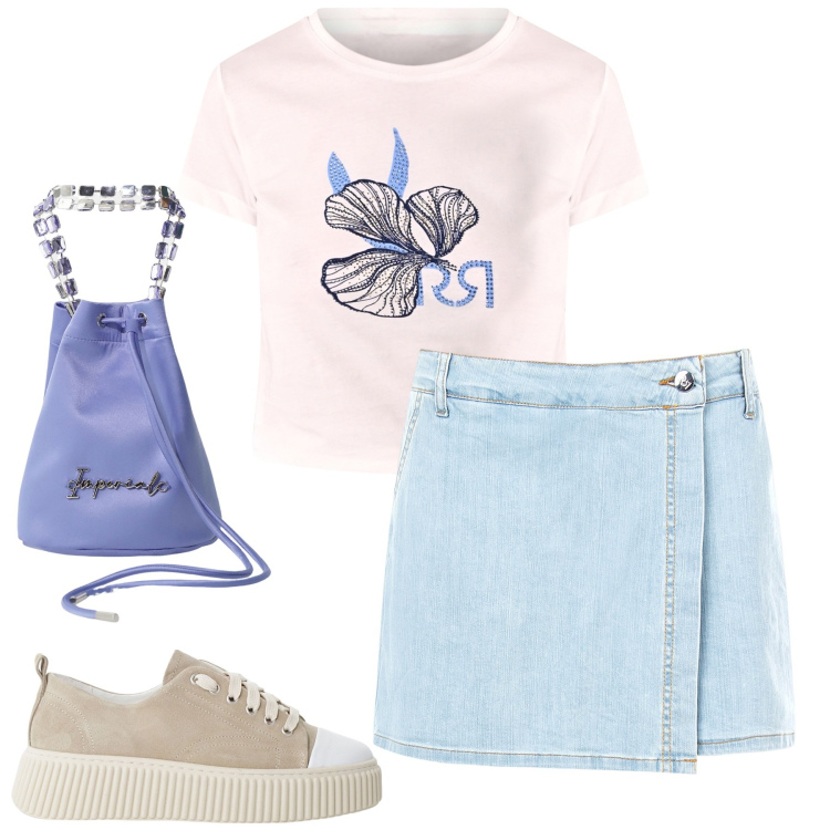 Outfit donna - City. Stile Casual chic per Tutti i giorni. Abbinamento con minigonne, t-shirt, sneakers, borse a secchiello.