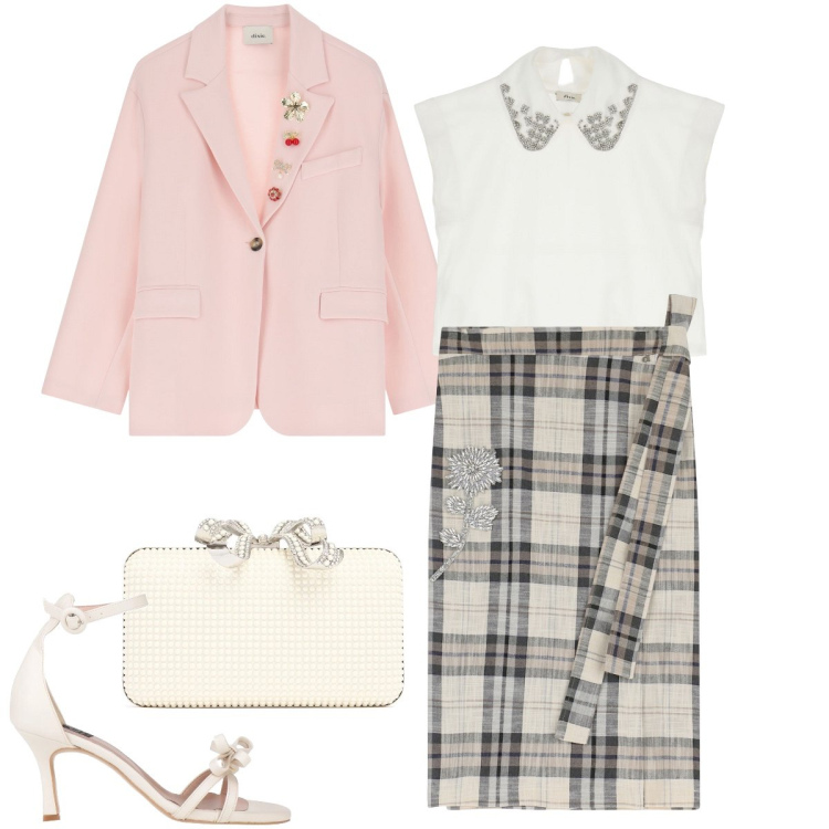 Outfit donna - Chic con i quadri. Stile Chic per Cerimonia. Abbinamento con sandali col tacco, gonne longuette, blazer, t-shirt, pochette.