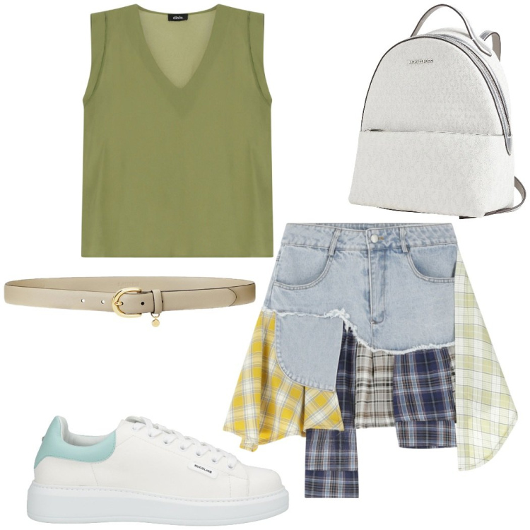 Outfit donna - Total look #2123388. Stile Preppy per Tutti i giorni. Abbinamento con sneakers, zaini, minigonne, top, cinture.