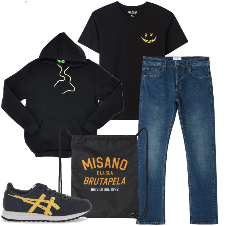 Outfit uomo - Layering casual. Stile Casual per Tutti i giorni. Abbinamento con borse sportive, jeans dritti, t-shirt, sneakers, felpe con cappuccio.