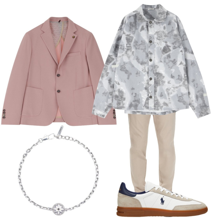 Outfit uomo - Il blazer rosa salmone. Stile Trendy per Ufficio. Abbinamento con braccialetti, pantaloni, camicie, giacche, sneakers.