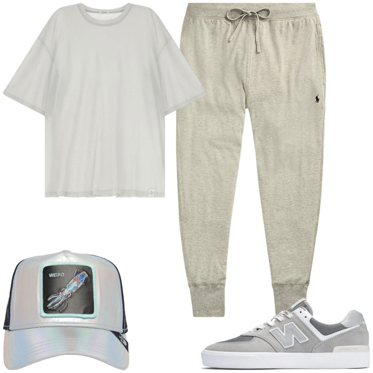 Outfit uomo - Pomeriggio in relax. Stile Casual per Sport. Abbinamento con sneakers, t-shirt, pantaloni, cappelli.