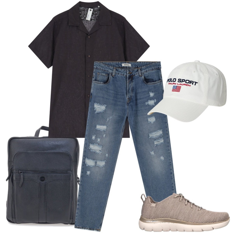 Outfit uomo - Jeans semi strappate. Stile Urban per Ufficio. Abbinamento con jeans, camicie a manica corta, berretti, sneakers, borse sportive.