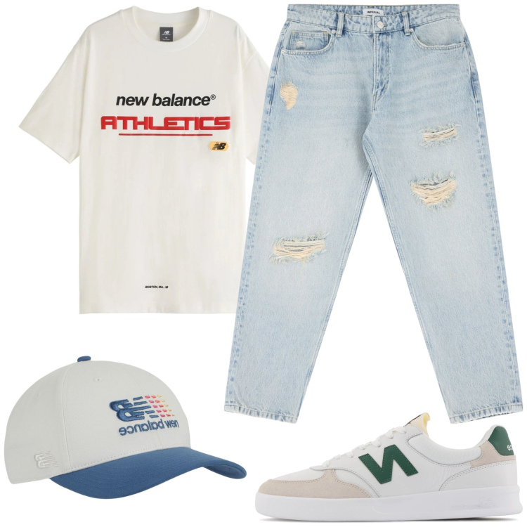 Outfit uomo - Sportivo per il weekend. Stile Casual per Tutti i giorni. Abbinamento con t-shirt, sneakers, cappelli, jeans strappati.